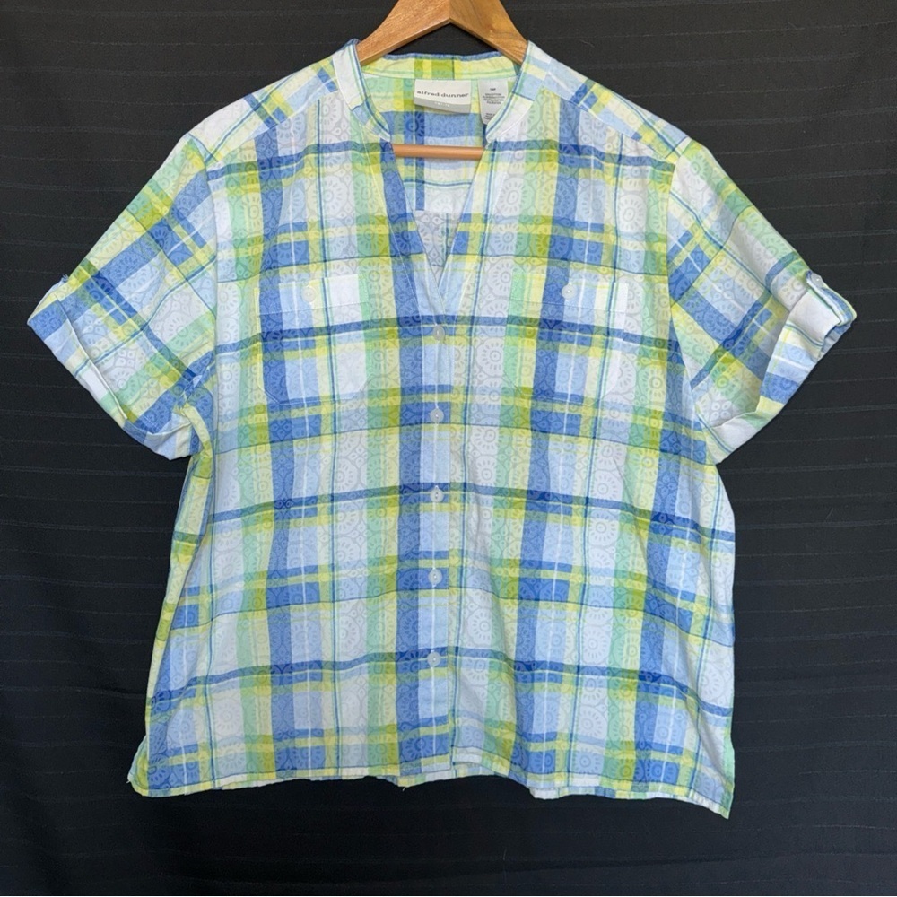 Alfred Dunner Top Womens 16P Blue Floral Plaid Short Sleeve Button Up